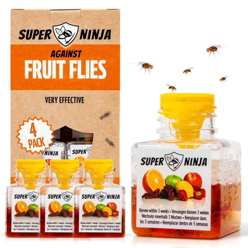 Super Ninja Fruit Fly Traps for Indoors - 4 Pack, Highly Effective Fruit Fly Catcher for Indoor Use for Home & Kitchen, Up to 3 Weeks of Performance per Bottle, Kid & Pet Friendly - Image 1
