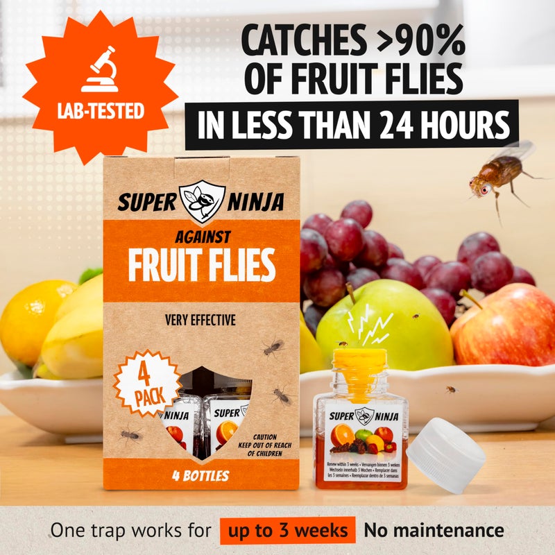 Super Ninja Fruit Fly Traps for Indoors - 4 Pack, Highly Effective Fruit Fly Catcher for Indoor Use for Home & Kitchen, Up to 3 Weeks of Performance per Bottle, Kid & Pet Friendly - Image 3