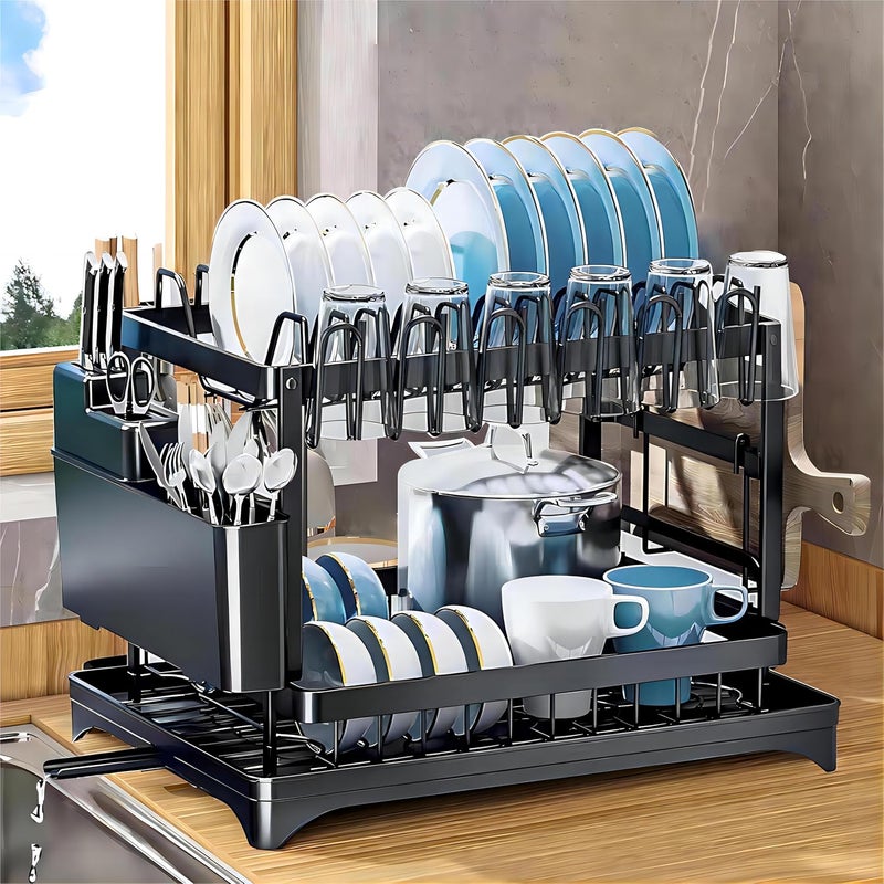 FOXMIND Dish Drying Rack- Space-Saving Dish Rack,Kitchen Tabletop Organizer,Dish Racks for Kitchen Counter, Stainless Steel Kitchen Drying Rack with a Cutlery Holder,11,4''W x 16.5''L, Black - Image 1