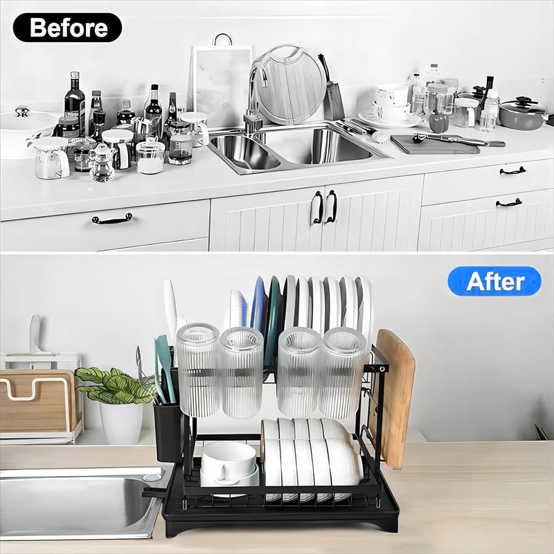 FOXMIND Dish Drying Rack- Space-Saving Dish Rack,Kitchen Tabletop Organizer,Dish Racks for Kitchen Counter, Stainless Steel Kitchen Drying Rack with a Cutlery Holder,11,4''W x 16.5''L, Black - Image 3