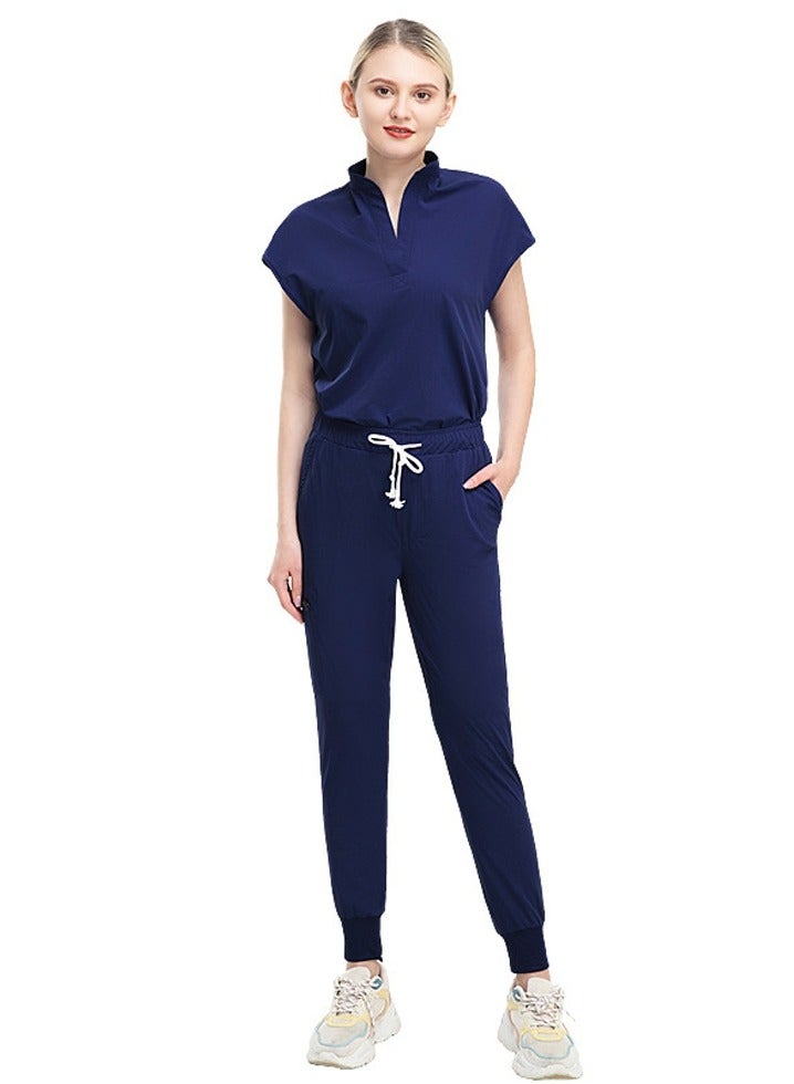 Loquat Womens Fashion Medical Uniform Scrubs 2 Piece Set Stand Collar Top and Elastic Waist Jogger Pants Suit Navy Blue  - Image 1