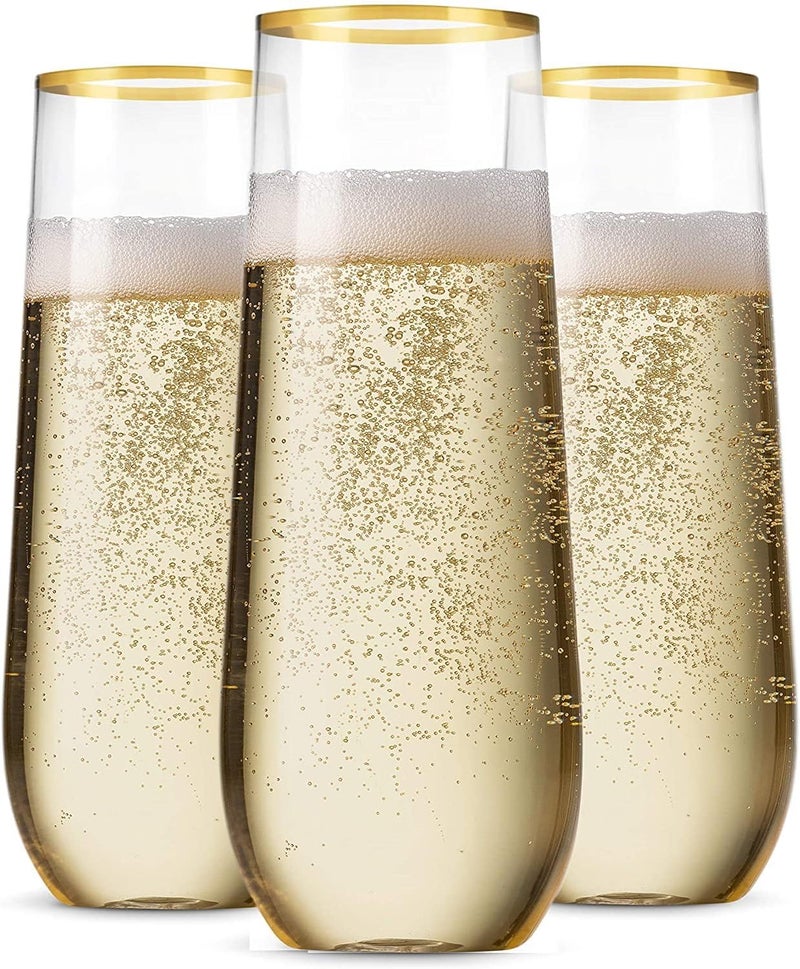 Munfix 12 Pack Stemless Plastic Champagne Flutes, Disposable 9 Oz Gold Rim Clear Plastic Toasting Glasses Shatterproof Recyclable and BPA-Free - Image 1
