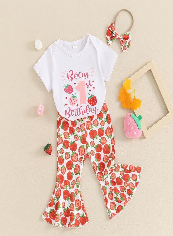 Frietlebird Berry First Birthday Outfit Girl Baby Letter Strawberry Romper and Bell Bottoms Pants 1st Birthday Girl Outfit (A-White,12-18 Months) - Image 2