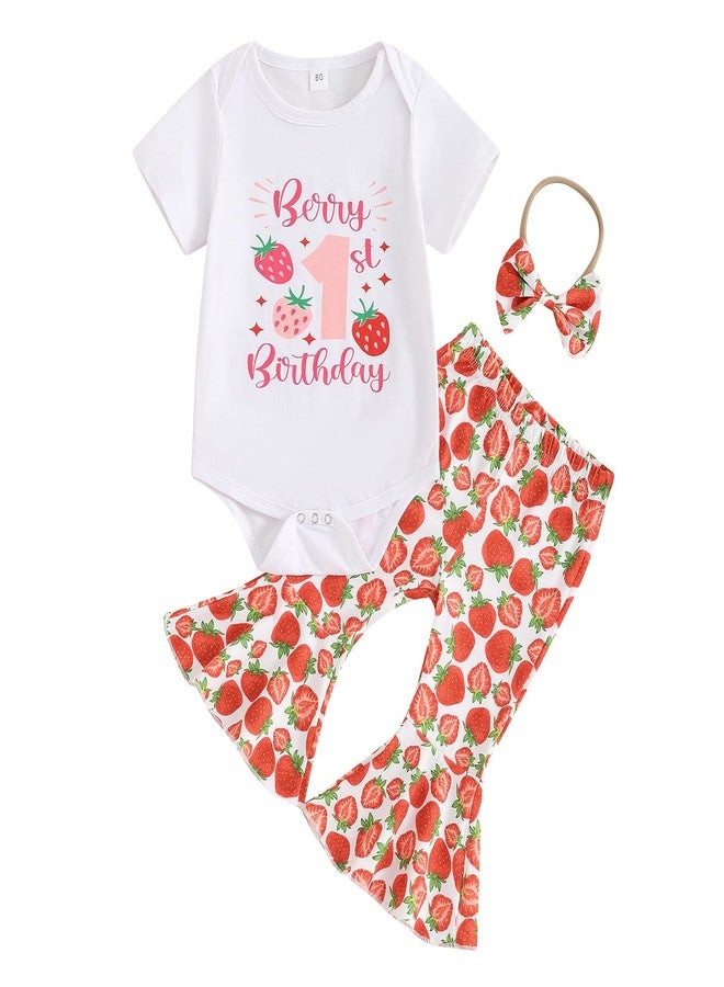 Frietlebird Berry First Birthday Outfit Girl Baby Letter Strawberry Romper and Bell Bottoms Pants 1st Birthday Girl Outfit (A-White,12-18 Months) - Image 1