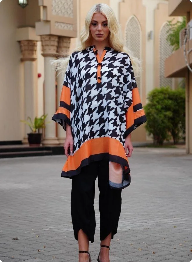 #Be Houndstooth Print Kaftan Set with Orange Border