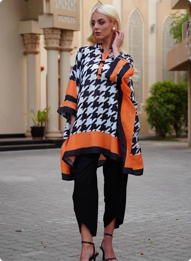 #Be Houndstooth Print Kaftan Set with Orange Border