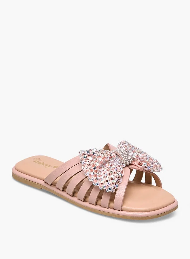 Little Missy Girls Embellished Bow Accent Slip-On Flat Sandals