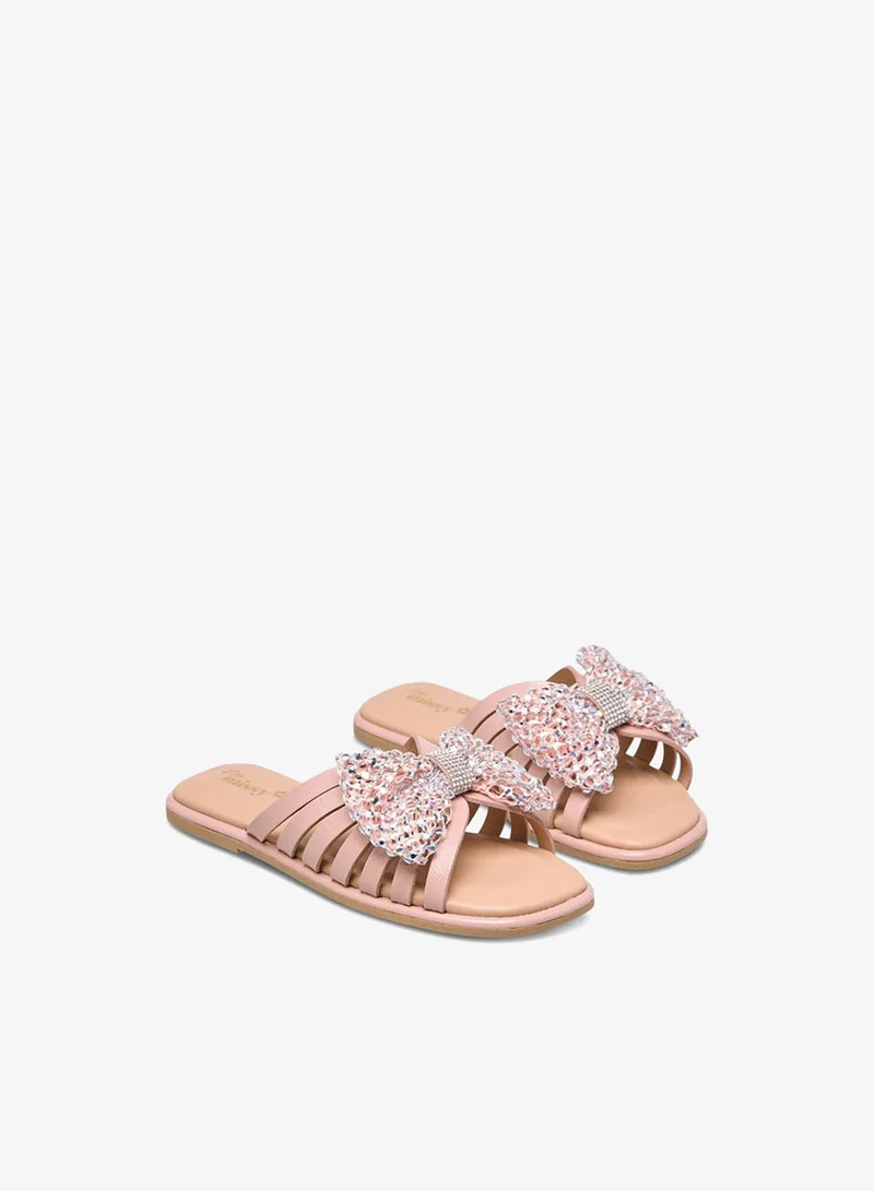 Little Missy Girls Embellished Bow Accent Slip-On Flat Sandals