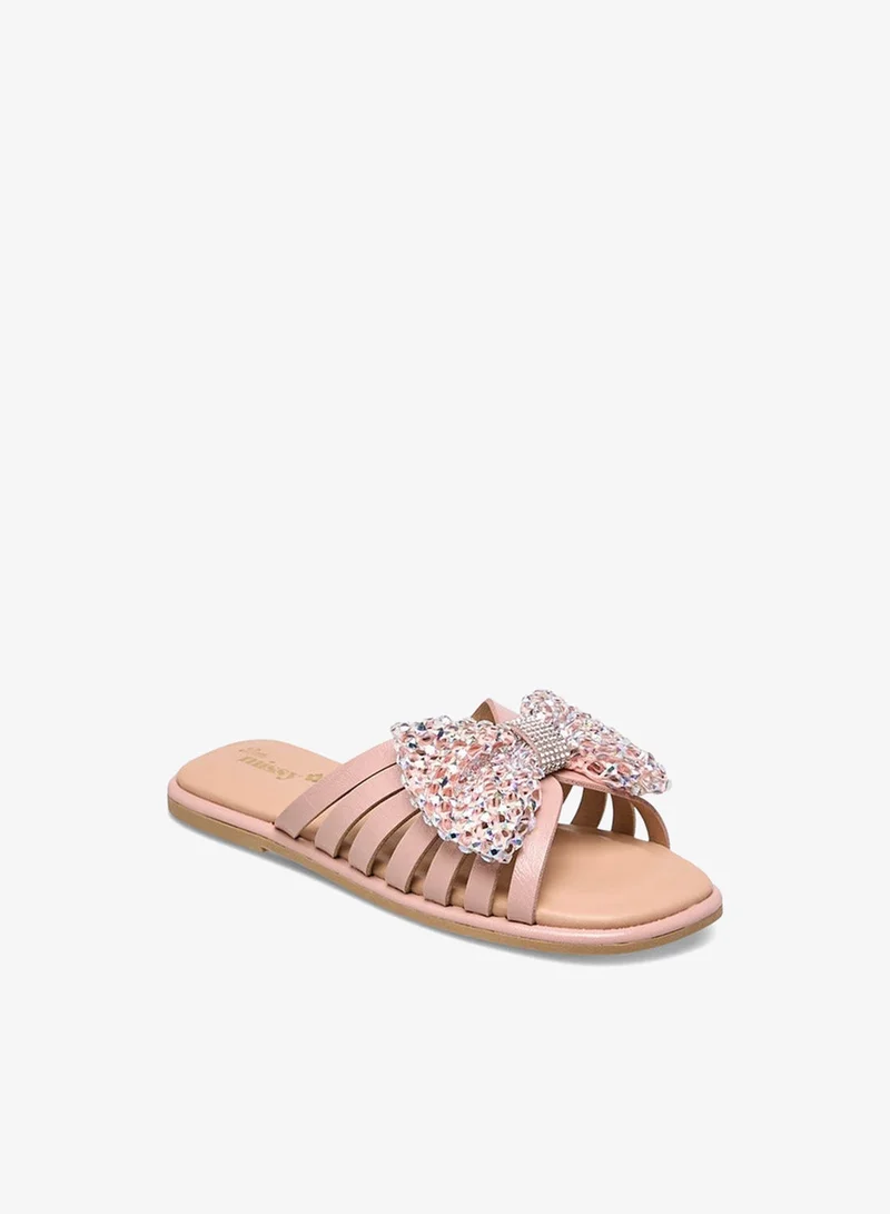 Little Missy Girls Embellished Bow Accent Slip-On Flat Sandals