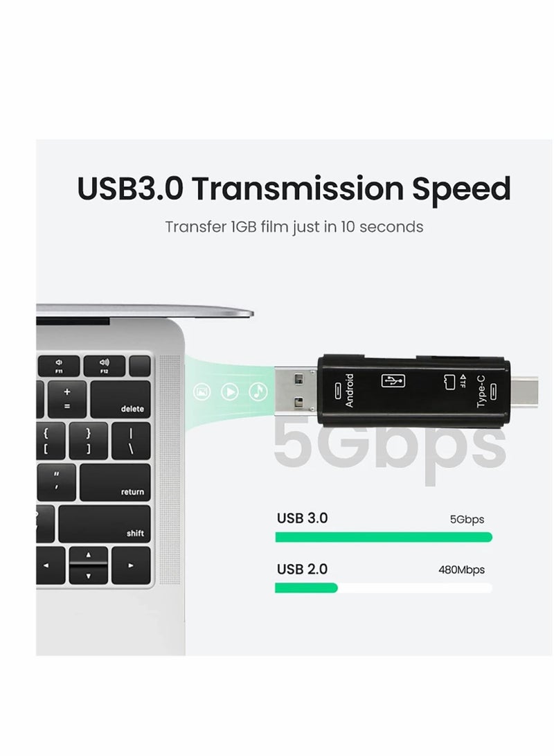 Micro SD TF Card Reader 5-in-1,USB 3.0,USB C,Android Interface,TF and USB 2.0 Adapter for MacBook,Laptop,Android Phone,Computers,Camera,Type-C Devices,Compatible with Windows,Android, Black