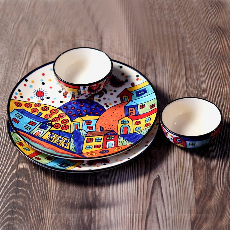Yourowndcor Ceramic 'Hut Dining Family Pack' Serving Plate and Bowl Dinnerware Set (2 Plate 10 Inches, 2 Bowls, Multicolor) - Image 1