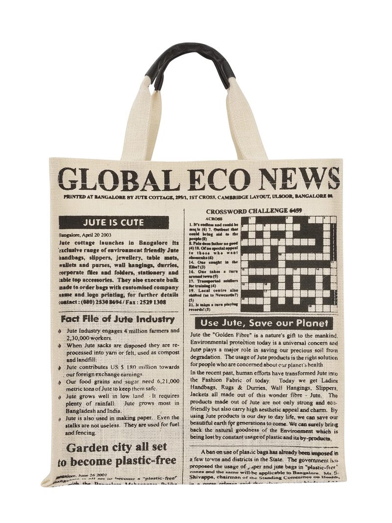 Jute Cottage Eco-Friendly Lunch & Shopping Bag for Men & Women | 15x13x8 in White Jute with Newspaper Print | Handcrafted Sustainable Tiffin & Carry Tote for Office, Travel, Daily Use - Image 2
