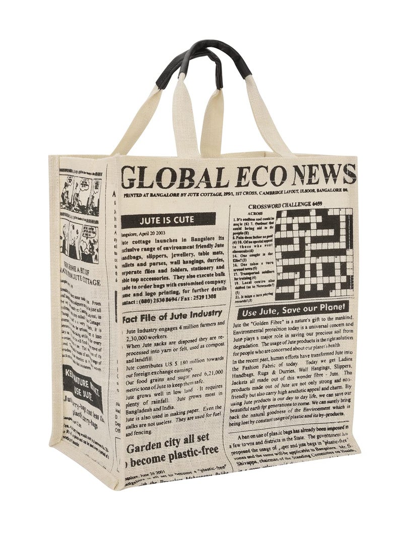 Jute Cottage Eco-Friendly Lunch & Shopping Bag for Men & Women | 15x13x8 in White Jute with Newspaper Print | Handcrafted Sustainable Tiffin & Carry Tote for Office, Travel, Daily Use - Image 1