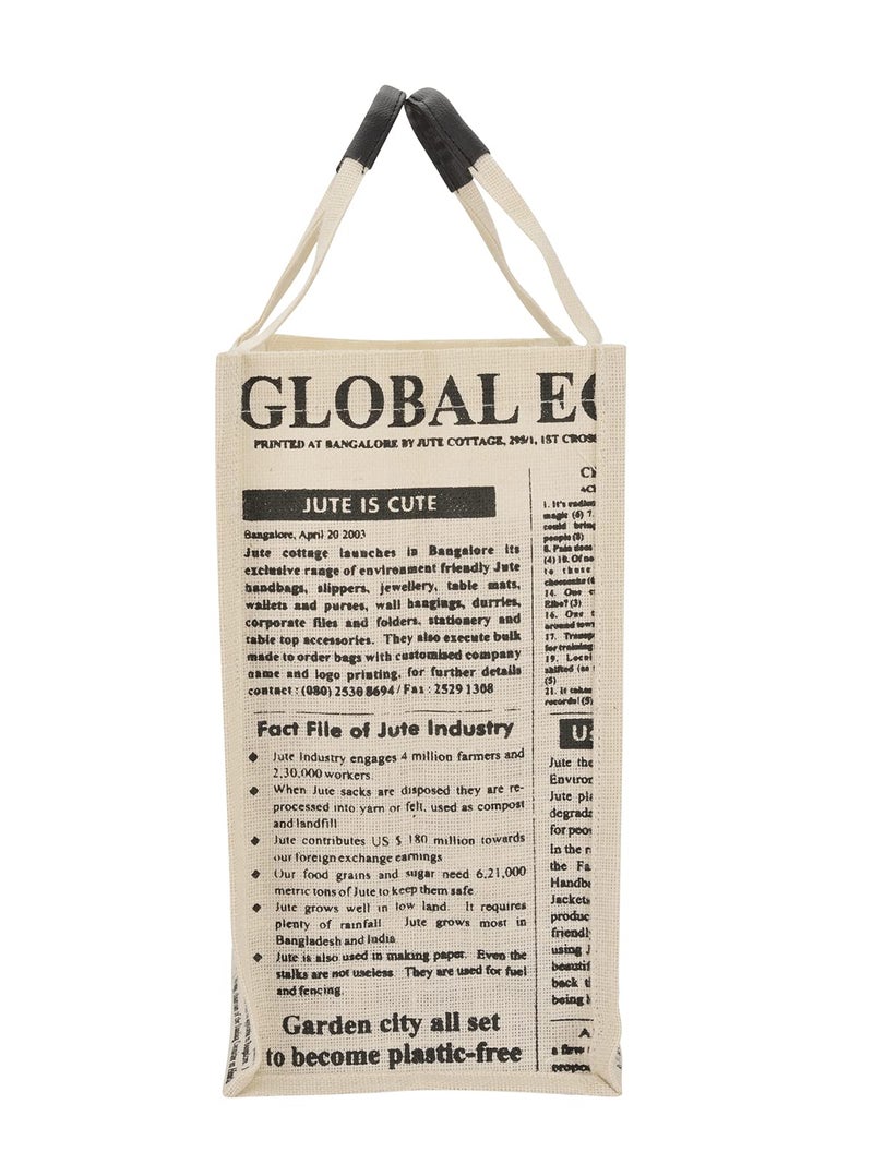 Jute Cottage Eco-Friendly Lunch & Shopping Bag for Men & Women | 15x13x8 in White Jute with Newspaper Print | Handcrafted Sustainable Tiffin & Carry Tote for Office, Travel, Daily Use - Image 3