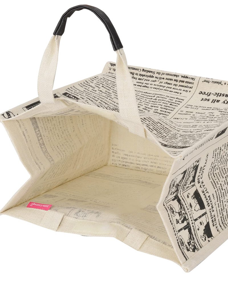 Jute Cottage Eco-Friendly Lunch & Shopping Bag for Men & Women | 15x13x8 in White Jute with Newspaper Print | Handcrafted Sustainable Tiffin & Carry Tote for Office, Travel, Daily Use - Image 4