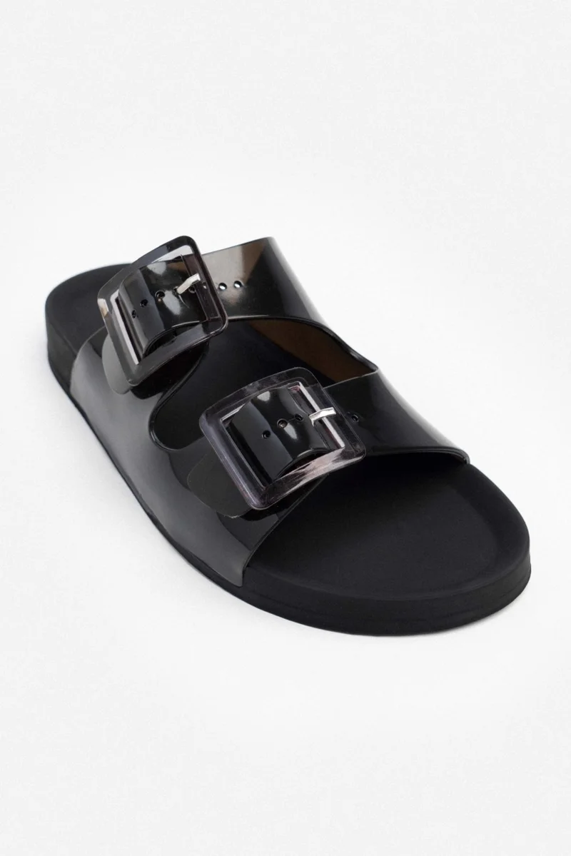 Nişantaşı Shoes Marlowe Transparent Black Double Buckle Detail Flat Sole Women's Slippers