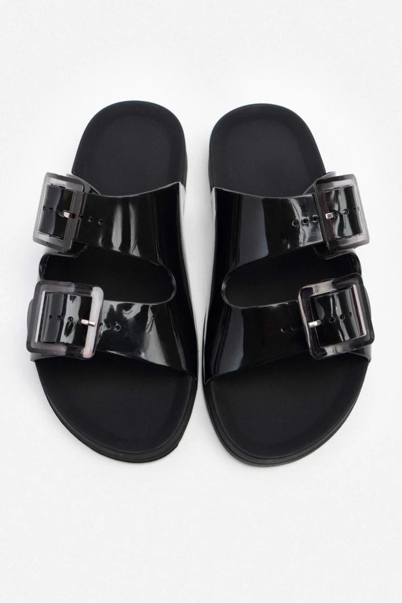 Nişantaşı Shoes Marlowe Transparent Black Double Buckle Detail Flat Sole Women's Slippers