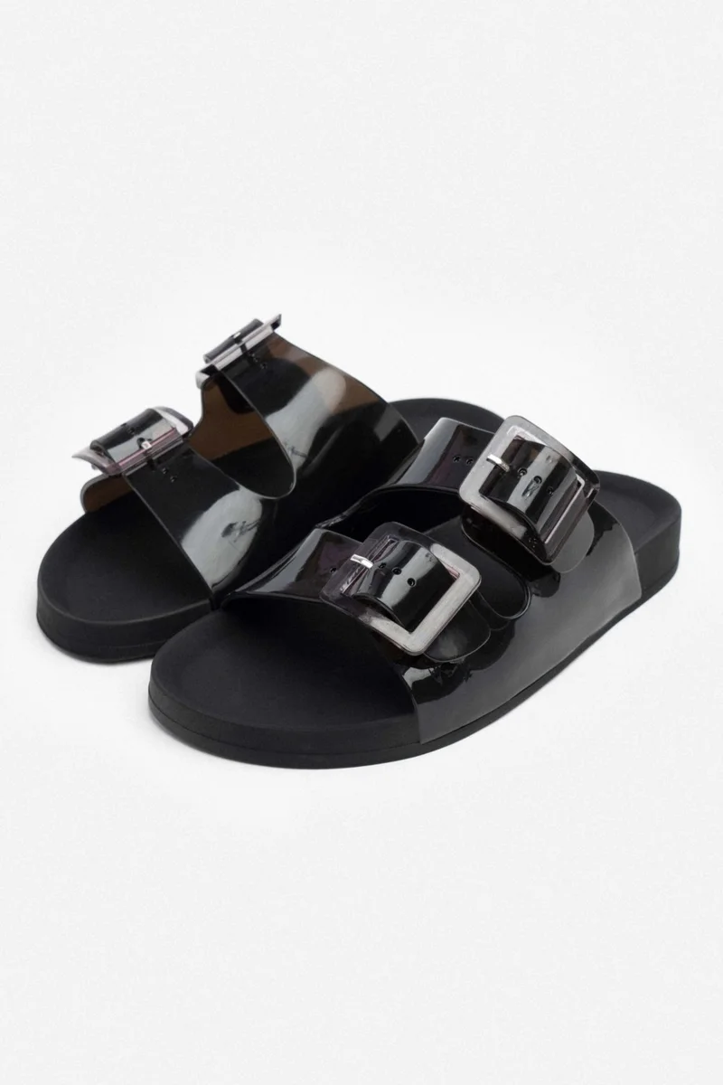 Nişantaşı Shoes Marlowe Transparent Black Double Buckle Detail Flat Sole Women's Slippers