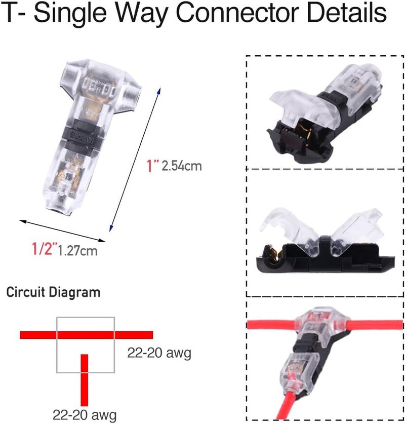 Brightfour Low Voltage Wire splice connectors - Pack of 12 Quick Solderless T Tap Connector 1 Pin,Rock Solid Connector for 24-20 AWG Cable for Vehicle/audio/video/Lighting and Automotive Uses - Image 5