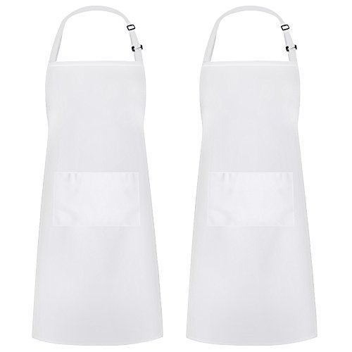 Syntus 2 Pack Adjustable Bib Apron Waterdrop Resistant with 2 Pockets Cooking Kitchen Aprons for BBQ Drawing, Women Men Chef, White - Image 1