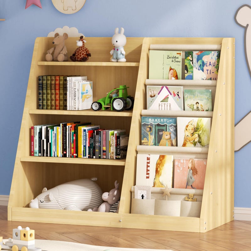 EXPERLAM Kids Bookshelf and Toy Storage Organizer, 4 Tier Wooden Kids Book Shelf with Sling Book Rack in Kids Room Playroom Nursery for Kids, Children, Toddlers - Image 1