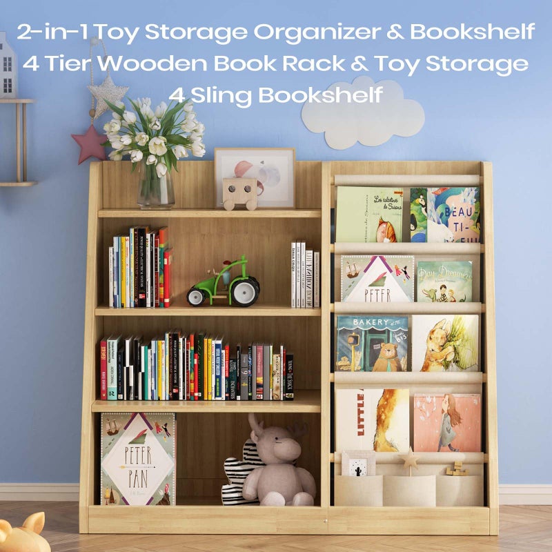 EXPERLAM Kids Bookshelf and Toy Storage Organizer, 4 Tier Wooden Kids Book Shelf with Sling Book Rack in Kids Room Playroom Nursery for Kids, Children, Toddlers - Image 5