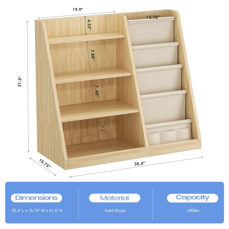 EXPERLAM Kids Bookshelf and Toy Storage Organizer, 4 Tier Wooden Kids Book Shelf with Sling Book Rack in Kids Room Playroom Nursery for Kids, Children, Toddlers - Image 2