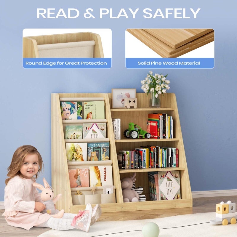 EXPERLAM Kids Bookshelf and Toy Storage Organizer, 4 Tier Wooden Kids Book Shelf with Sling Book Rack in Kids Room Playroom Nursery for Kids, Children, Toddlers - Image 4
