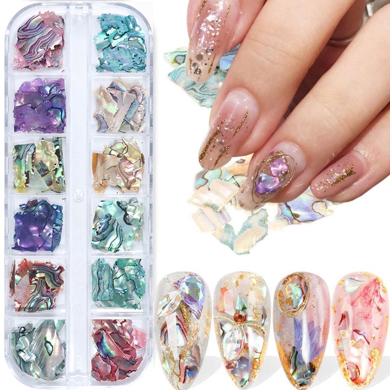 Vezocim Abalone Seashell Nail Art Sequins, 3D Irregular Thin Nail Art Glitter Flakes Design, Mermaid Shell Slices Decorations UV Gel Shiny Accessories, Ocean Rivet Acrylic Nails Supplies for Women Girls - Image 1