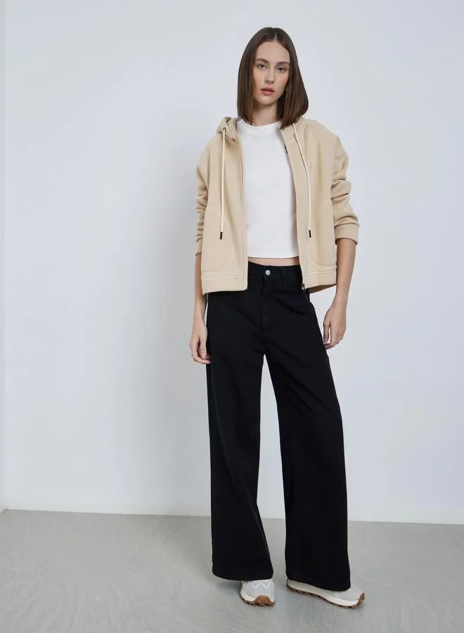 Styli Styli Beige Zip-Up Hooded Jacket with Overlock Seam