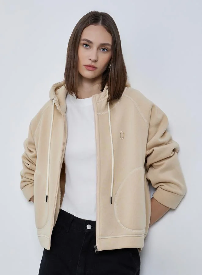 Styli Styli Beige Zip-Up Hooded Jacket with Overlock Seam
