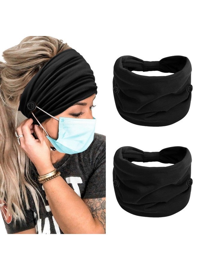 TERSE 2 Packs Headbands With Buttons For Mask Ear Savers 7’’ Extra Wide Non Slip Nurse Headband For Women Men Doctors Black Elastic Ears Protector Head Bands Sweatband Hair Accessories… - Image 1