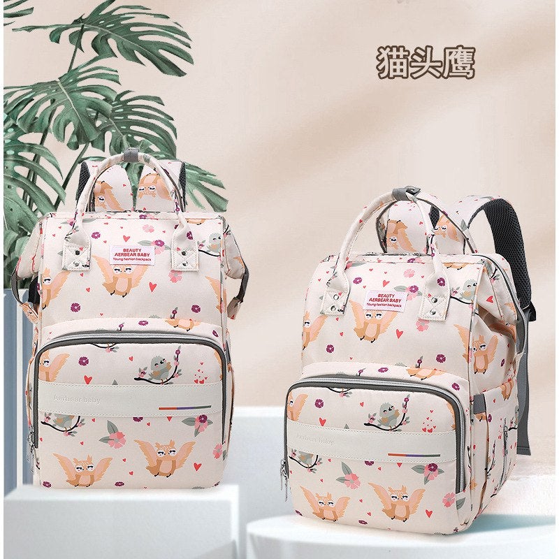 Cute Owl Print Multifunctional Baby Diaper Backpack with Spacious Compartments and Stroller Straps