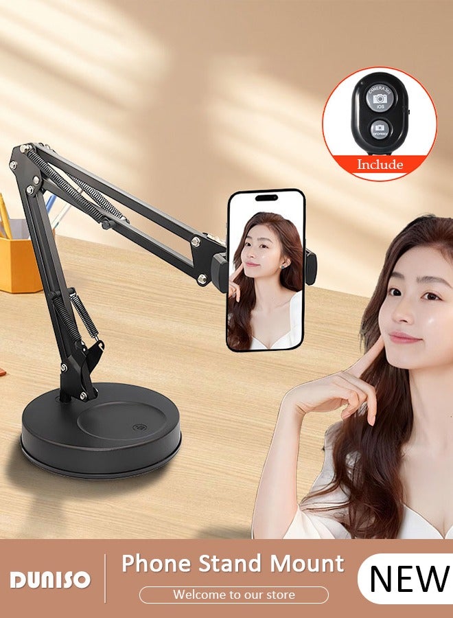 DUNISO Cell Phone Stand Mount for Desk, Adjustable Height and Angle Phone Holder, Articulating Arm Phone Mount Table Top with Base for Most Phones, 360 Degree Rotating Desktop Phone Stand with Bluetooth Remote Control for Makeup, Photo Selfie, Video Recording, Live Streaming  - Image 1