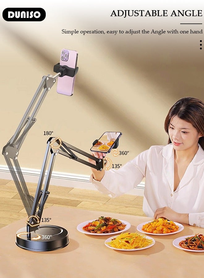 DUNISO Cell Phone Stand Mount for Desk, Adjustable Height and Angle Phone Holder, Articulating Arm Phone Mount Table Top with Base for Most Phones, 360 Degree Rotating Desktop Phone Stand with Bluetooth Remote Control for Makeup, Photo Selfie, Video Recording, Live Streaming  - Image 3
