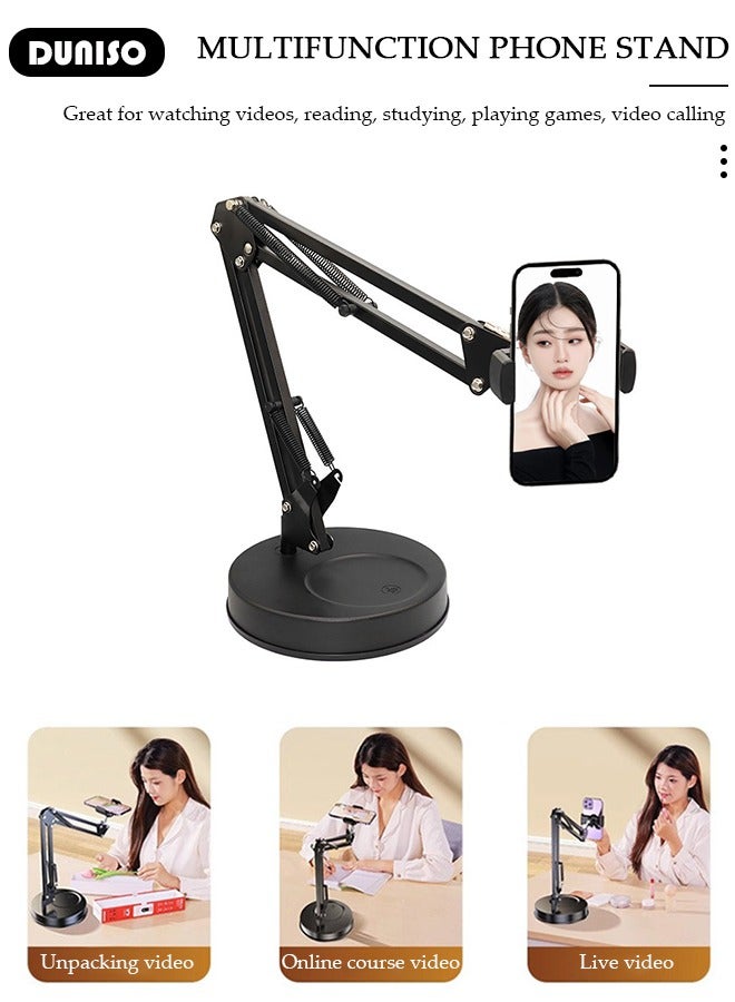 DUNISO Cell Phone Stand Mount for Desk, Adjustable Height and Angle Phone Holder, Articulating Arm Phone Mount Table Top with Base for Most Phones, 360 Degree Rotating Desktop Phone Stand with Bluetooth Remote Control for Makeup, Photo Selfie, Video Recording, Live Streaming  - Image 4