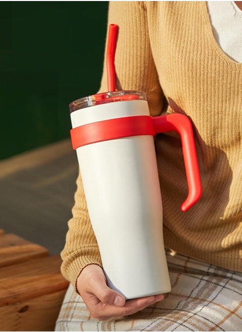 Double Wall Vacuum Cup With Straw And Handle Stainless Steel Coffee Cup Leak Proof Lid For Travel Office Insulated Cup White