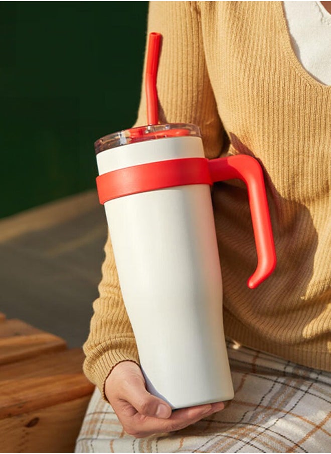 Occuwzz - Double Wall Vacuum Cup With Straw And Handle Stainless Steel Coffee Cup Leak Proof Lid For Travel Office Insulated Cup White - Image 1