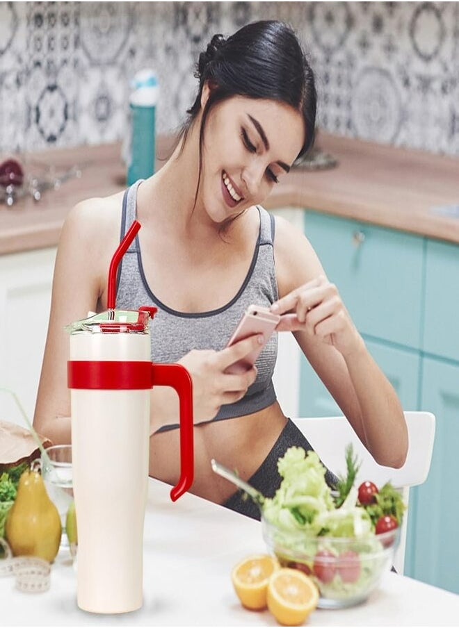 Occuwzz - Double Wall Vacuum Cup With Straw And Handle Stainless Steel Coffee Cup Leak Proof Lid For Travel Office Insulated Cup White - Image 1