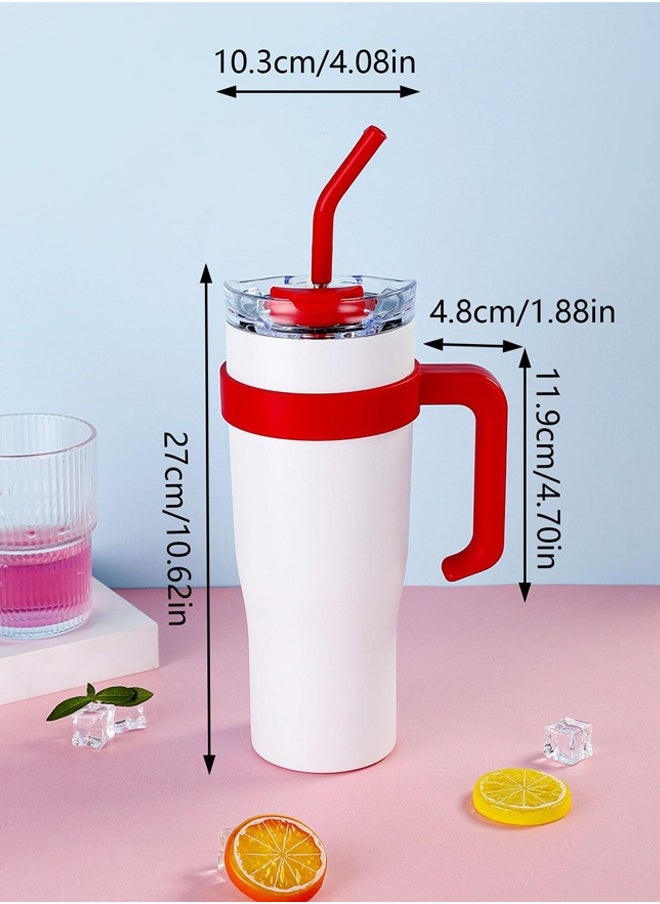 Occuwzz - Double Wall Vacuum Cup With Straw And Handle Stainless Steel Coffee Cup Leak Proof Lid For Travel Office Insulated Cup White - Image 1
