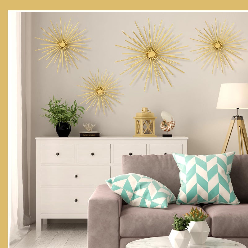 Shimeyao 4 Pcs Metal Starburst Wall Decor Gold Metal Wall Art 3D Spike Bling Finish Star Burst Hangings Accents Sculptures Set Modern Mid Century Decorations for Living Room Bedroom Entryway - Image 3