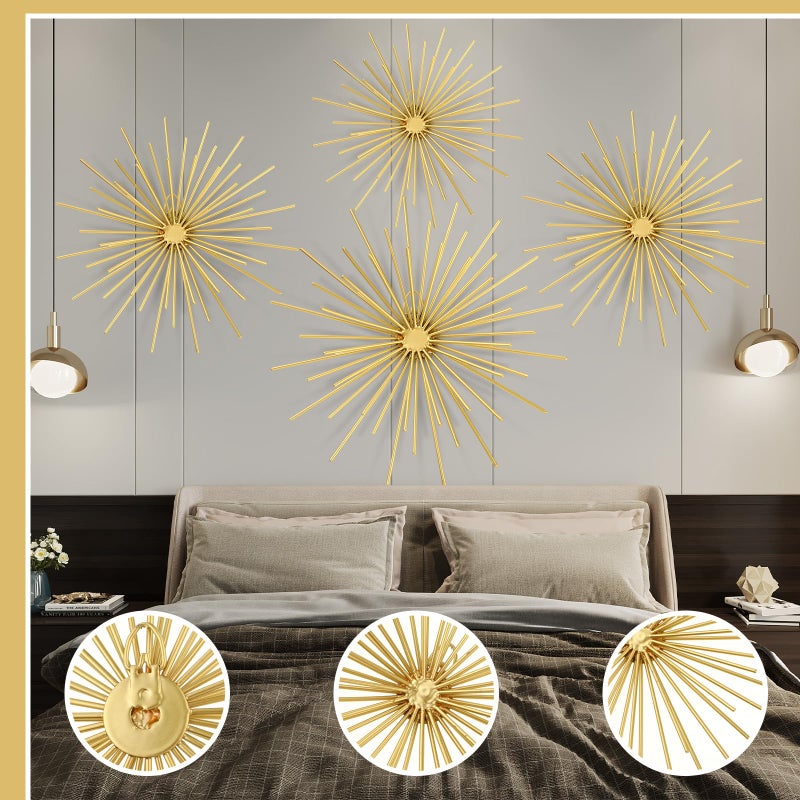 Shimeyao 4 Pcs Metal Starburst Wall Decor Gold Metal Wall Art 3D Spike Bling Finish Star Burst Hangings Accents Sculptures Set Modern Mid Century Decorations for Living Room Bedroom Entryway - Image 5