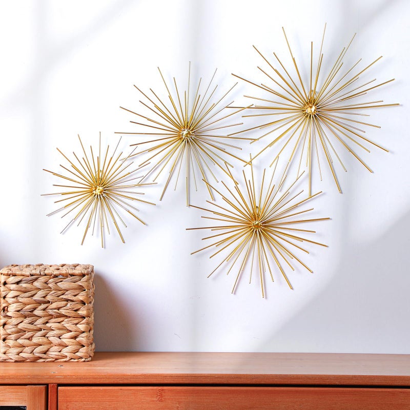 Shimeyao 4 Pcs Metal Starburst Wall Decor Gold Metal Wall Art 3D Spike Bling Finish Star Burst Hangings Accents Sculptures Set Modern Mid Century Decorations for Living Room Bedroom Entryway - Image 1