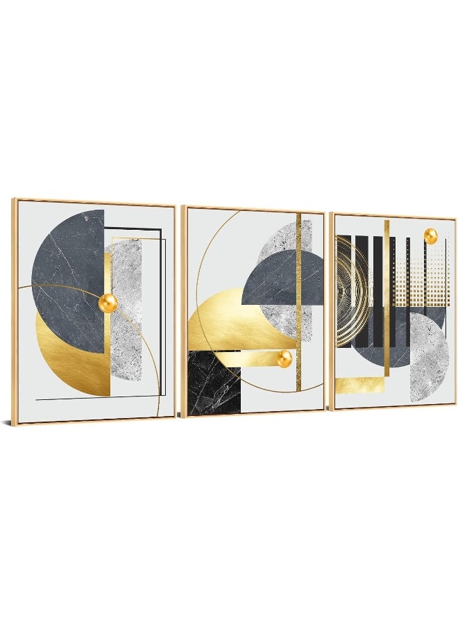 Home Trove Moudamion 3Pcs Gold Canvas Wall Art Decor, Nordic Luxury Geometric Abstract Grey Black And Gold Framed Painting Poster Print For Living Room, Marble Wall Painting For Bedroom Dining Room 12X16 Inch  - Image 1