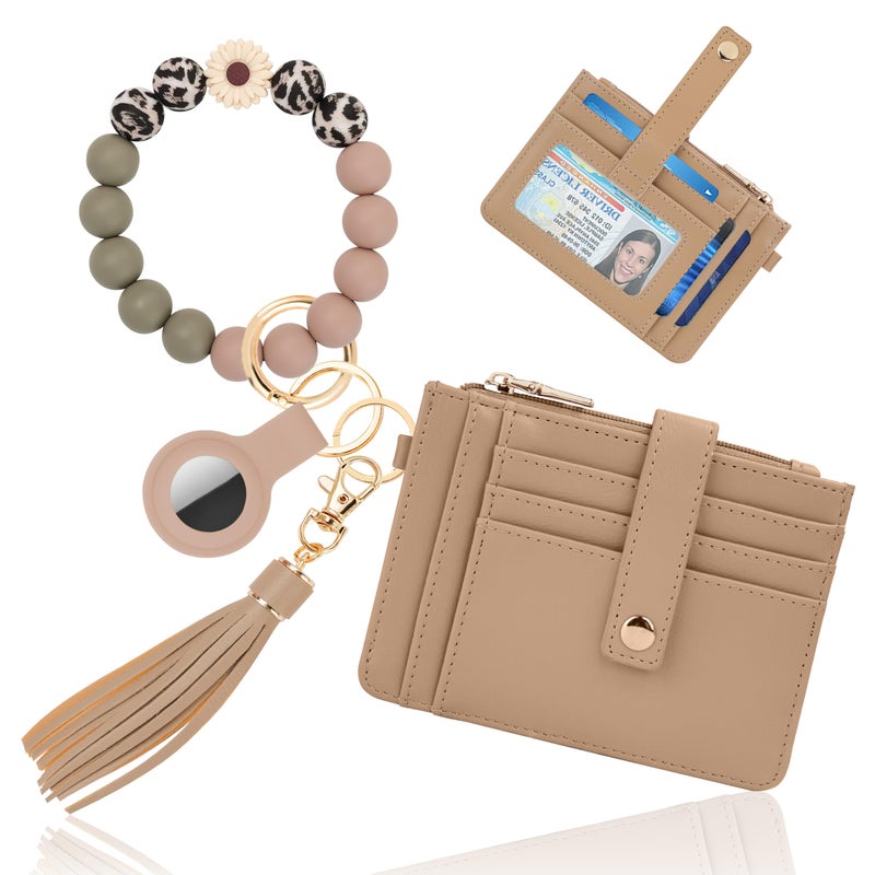 Sunpour Wristlet Wallets for Women Cute Keychain Wallet with AirTag Holder RFID Small Credit Card Holder Boho Beaded Wallet Keychain Wristlet(Camel) - Image 1