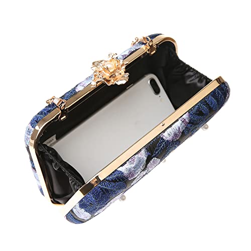 DA BODAN Womens Vintage Floral Beaded Sequin Tiny Clutch Embroidery Crossbody Evening Handbags for Wedding Party Prom (Dark blue) - Image 4