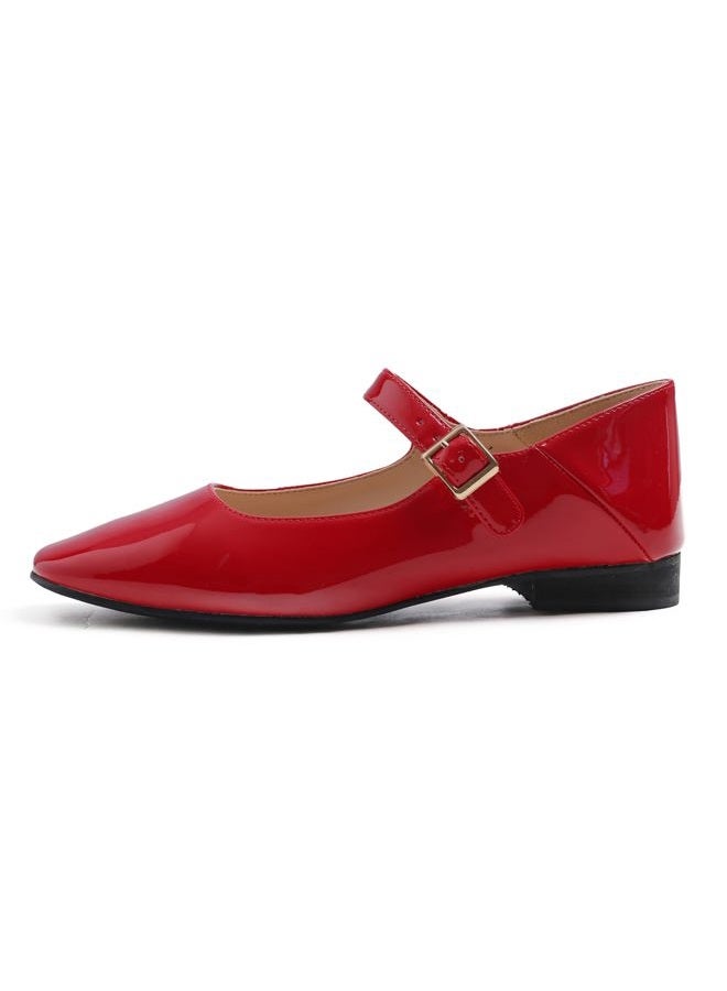 FEVERSOLE Women's Mary Jane Fashion Square Toe Easy Buckle Low Heel Slip On Flats Red Vegan Patent Leather Size 7.5 M US, Sq Maryjane Red Vegan Patent Stack Heel, 7.5 - Image 3