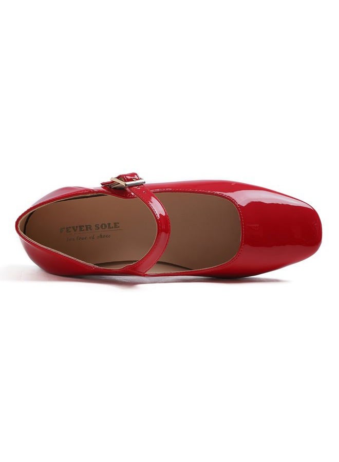 FEVERSOLE Women's Mary Jane Fashion Square Toe Easy Buckle Low Heel Slip On Flats Red Vegan Patent Leather Size 7.5 M US, Sq Maryjane Red Vegan Patent Stack Heel, 7.5 - Image 2