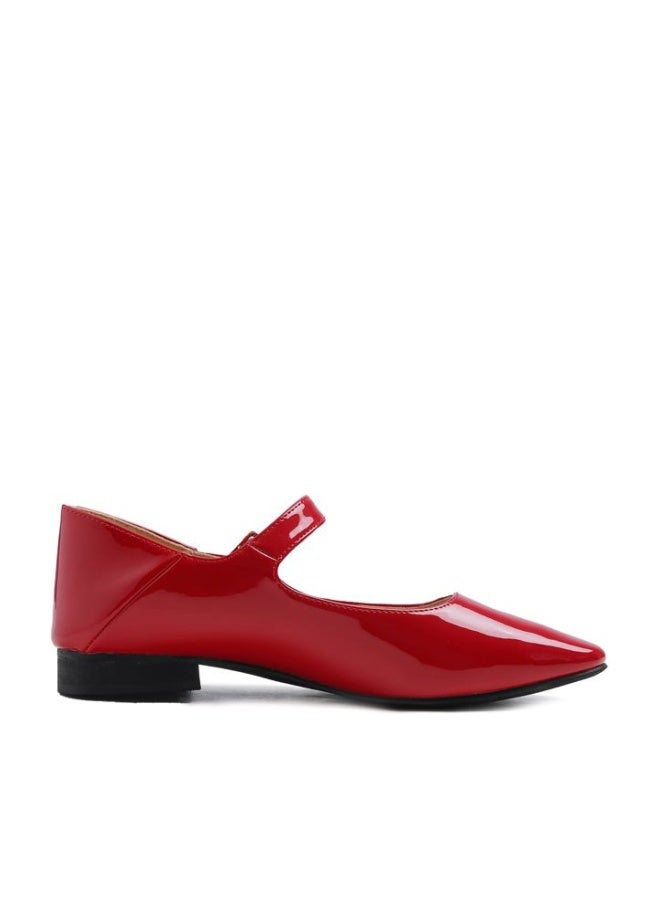 FEVERSOLE Women's Mary Jane Fashion Square Toe Easy Buckle Low Heel Slip On Flats Red Vegan Patent Leather Size 7.5 M US, Sq Maryjane Red Vegan Patent Stack Heel, 7.5 - Image 1