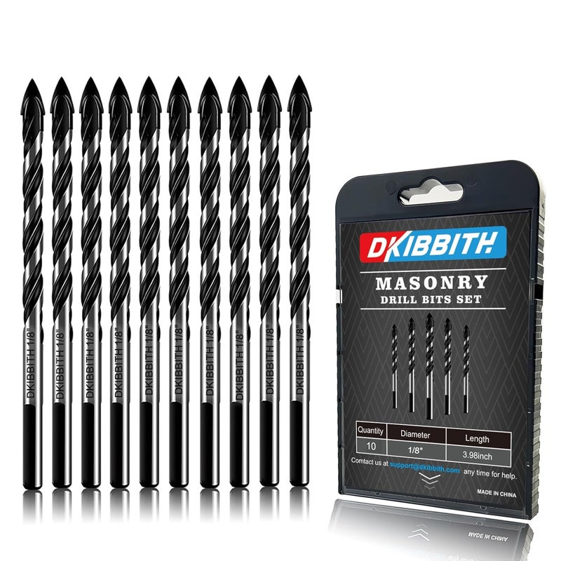 DKIBBITH 10-Piece 1/8" Masonry Drill Bits for Tile Glass Ceramic Wall Brick Stone Soft-Metal Wood, 1/4 Inch Concrete Drill Bits Cement Drill Bit Set, 3-Flat Shank, YG8 Carbide Tungsten Steel Alloy Tip 3mm - Image 1